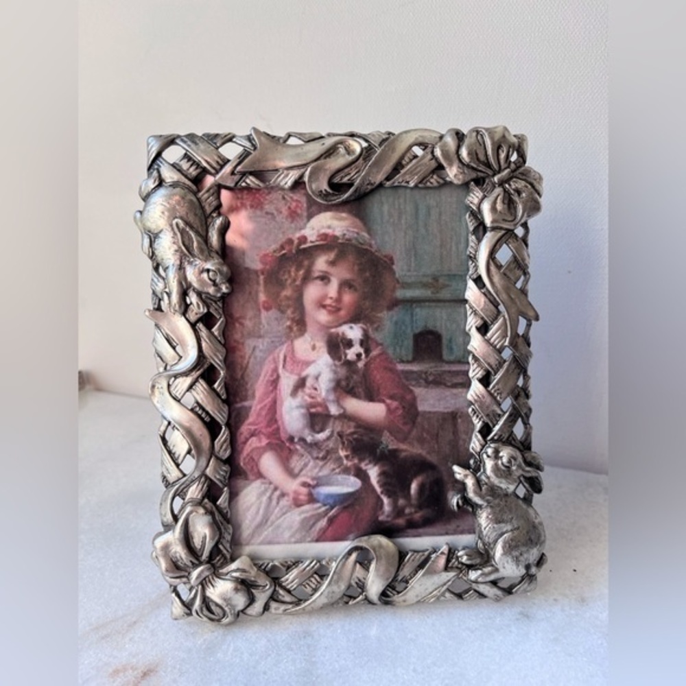 Silver ornate frame with rabbits bunny design picture frame